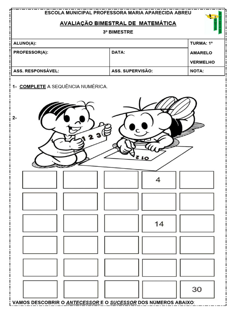Avaliação Matemática 1º Ano 3º Bimestre | PDF