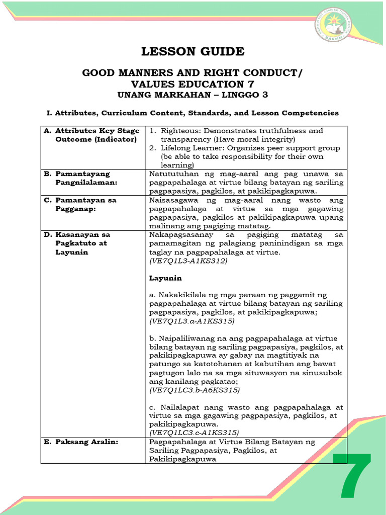 Lesson Guide: Good Manners and Right Conduct/ Values Education 7 | PDF