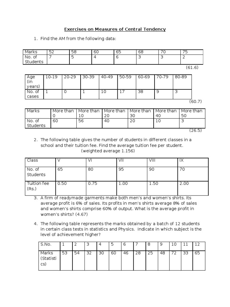 Central Tendency Exercises and Solutions | PDF