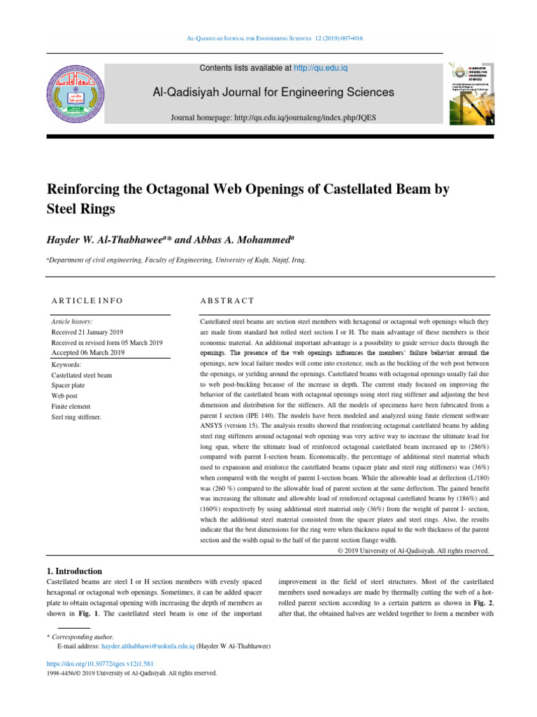 Reinforcing The Octagonal Web Openings of Castellated Beam by Steel ...