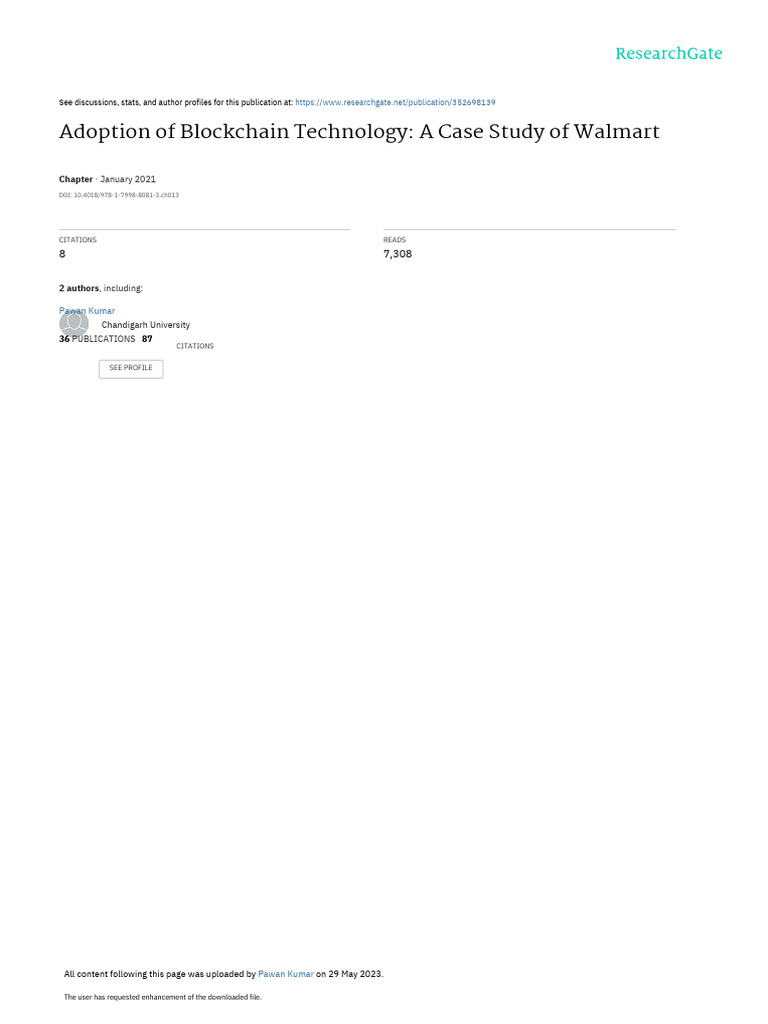 Adoption of Blockchain Technology A Case Study of Walmart PDF | PDF