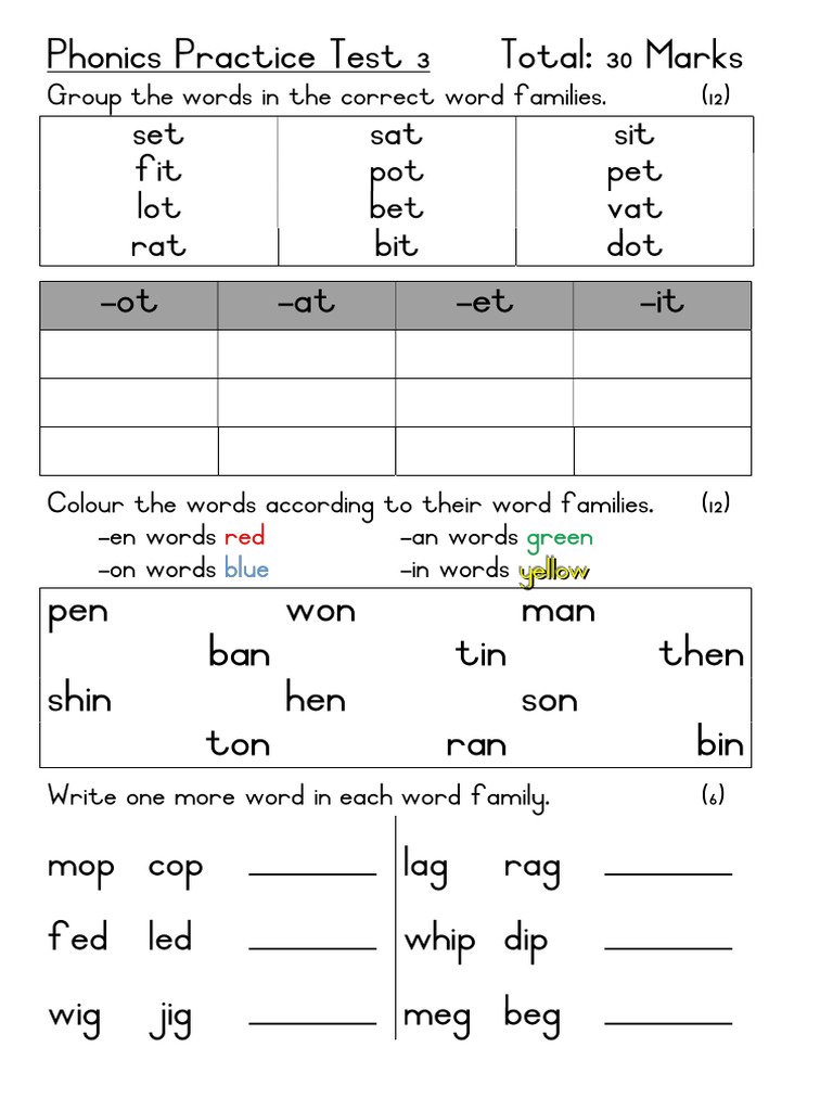 Phonics Practice Test 3 Word Families | PDF