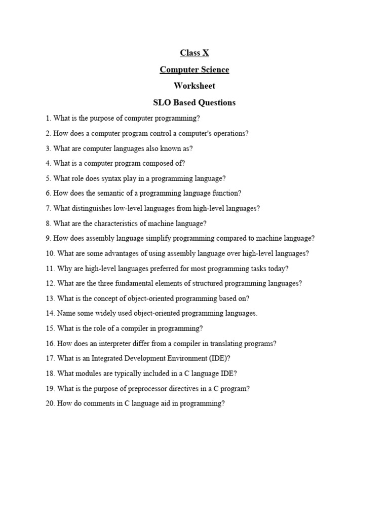 Class X Computer Science Worksheet | PDF | Computers