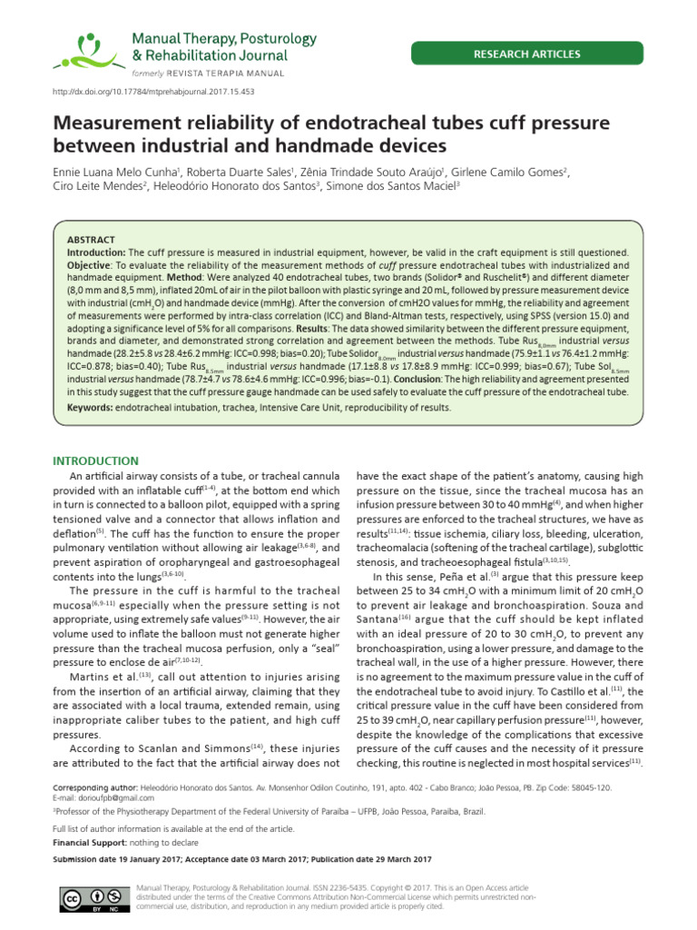 Measurement Reliability of Endotracheal | PDF | Science & Mathematics
