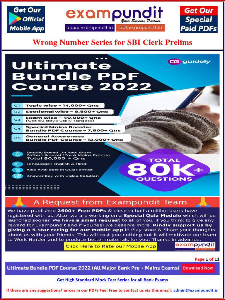 Wrong number series for sbi clerk prelims exam english and hindi pdf
