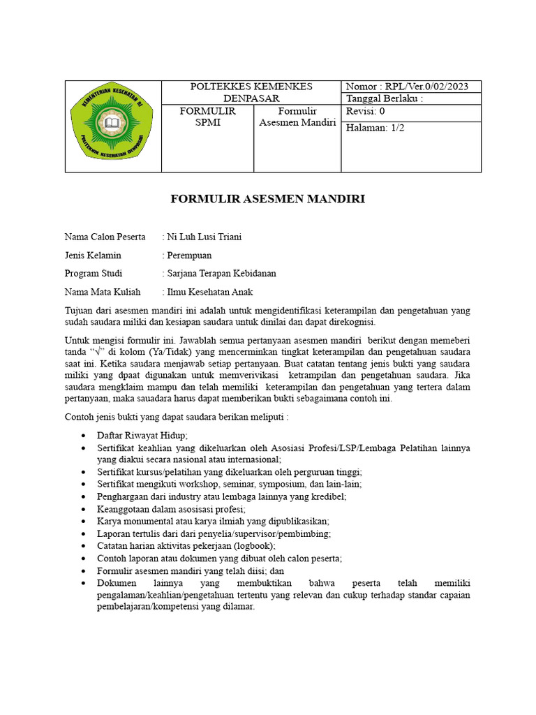 Form Formulir Asesmen Mandiri Mk Ika Pdf