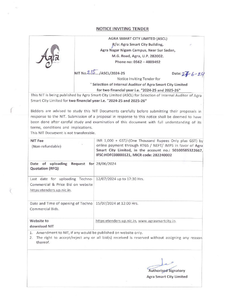 215 ASCL 2024 25 Dt. 27.06.2024 NIT For Internal Auditor - Compressed | PDF