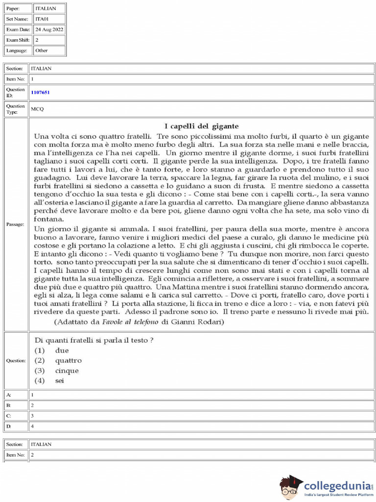 CUET 2022 Italian Question Paper Practis | PDF