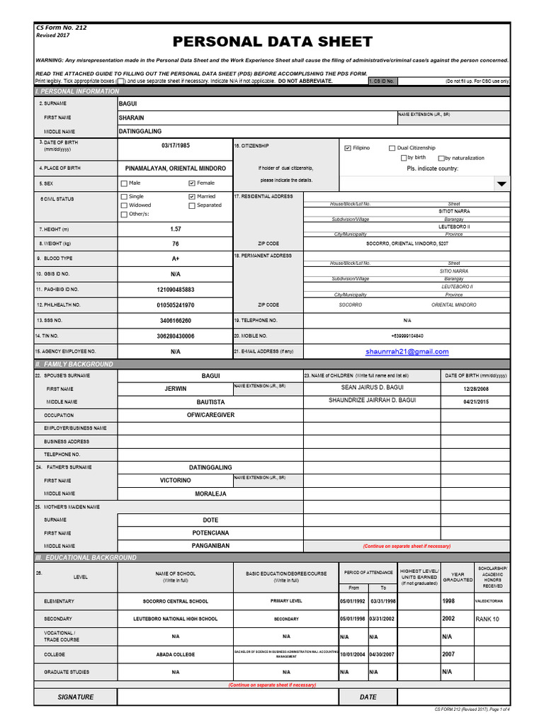 Cs form no 1 212 personal data sheet revised pdf justice