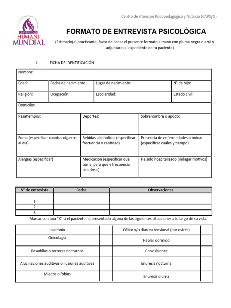 Formato de Entrevista Psicológica CAPSyN | PDF | Medicina CLINICA ...