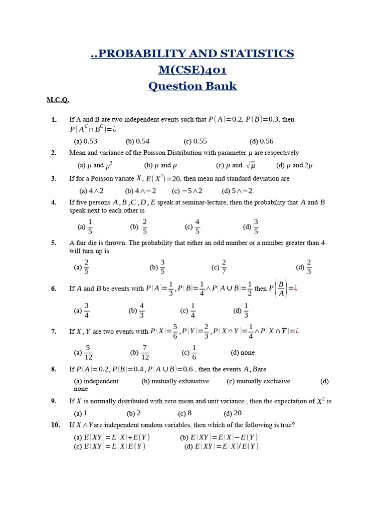 Probability and Statistics MCQ Question Bank | PDF | Normal ...