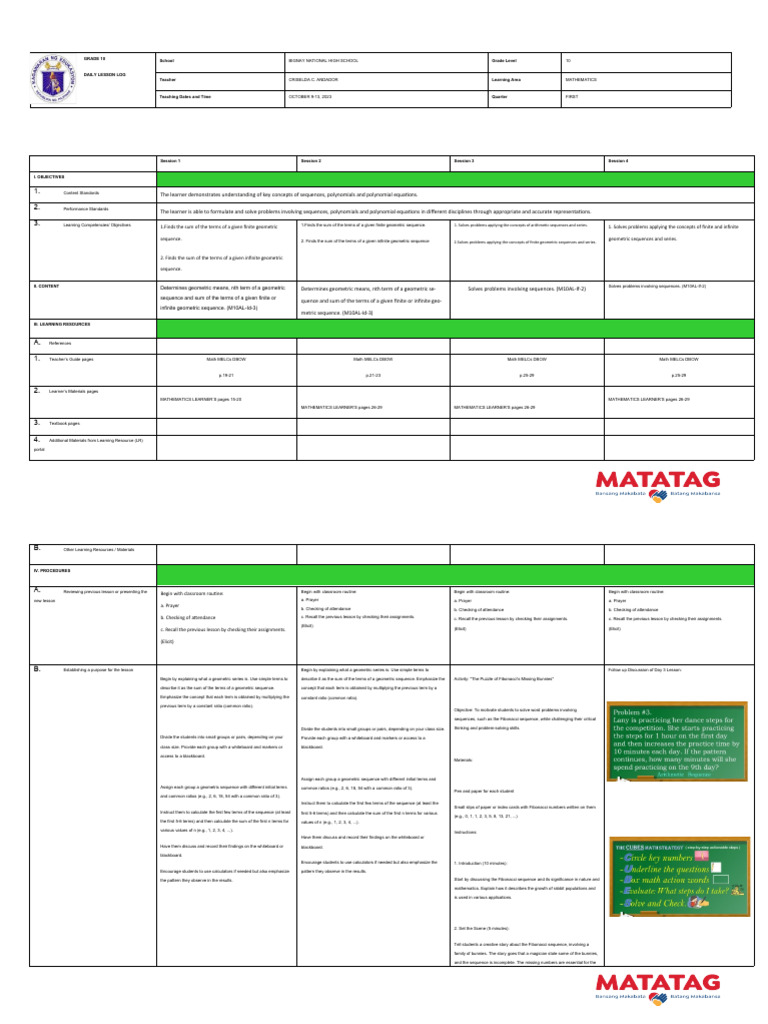 Grade 10 Math Lesson Plan | PDF | Sequence | Mathematics