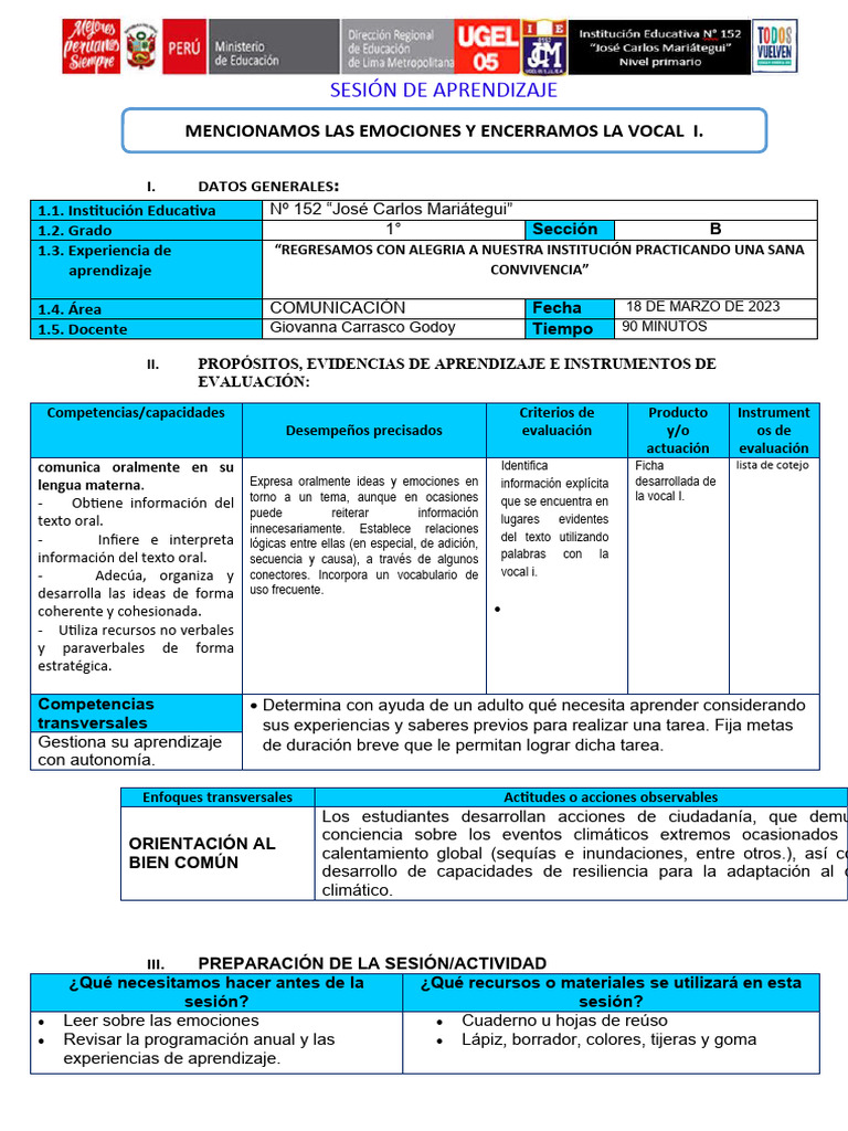 Aprendizaje de la Vocal I en 1° B | PDF | Evaluación | Aprendizaje