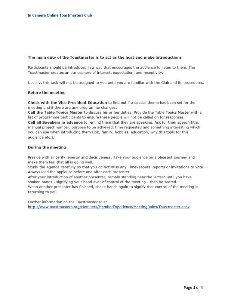Toastmaster of the Day Checklist | PDF | Human Communication