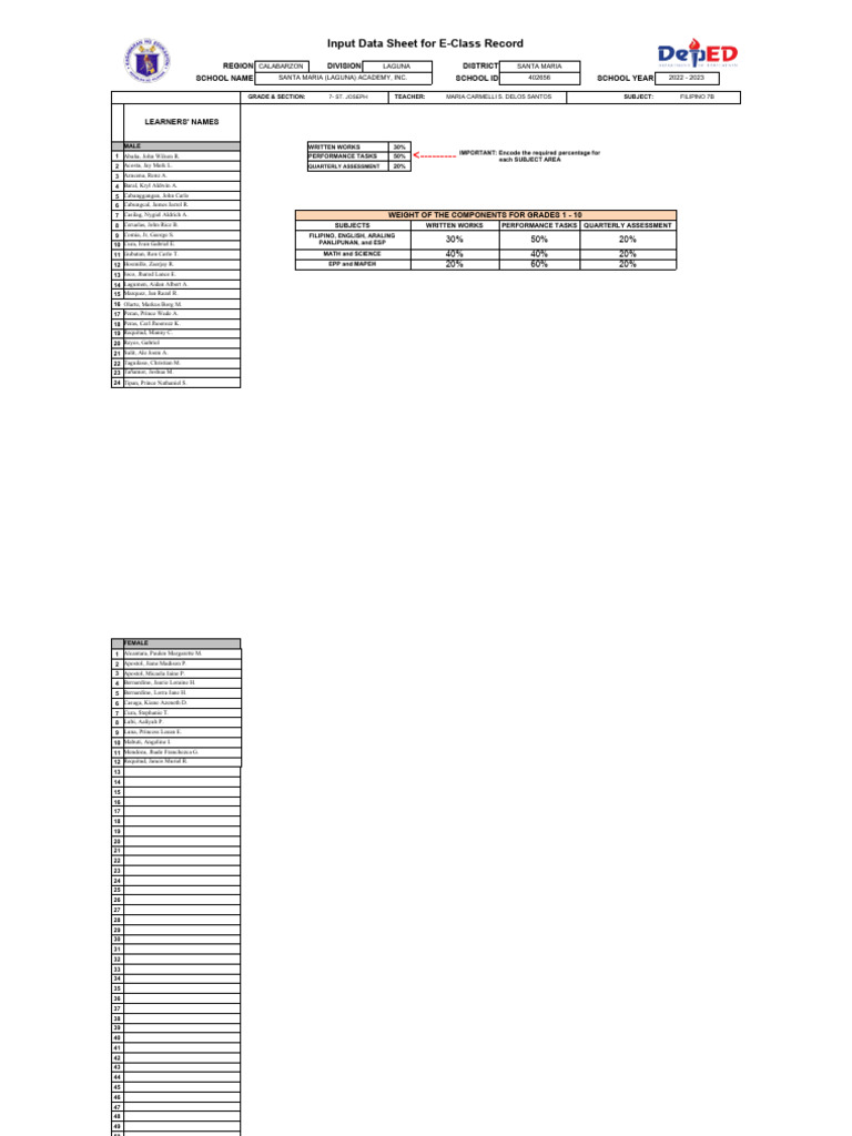 E Class Record Filipino 7b | PDF
