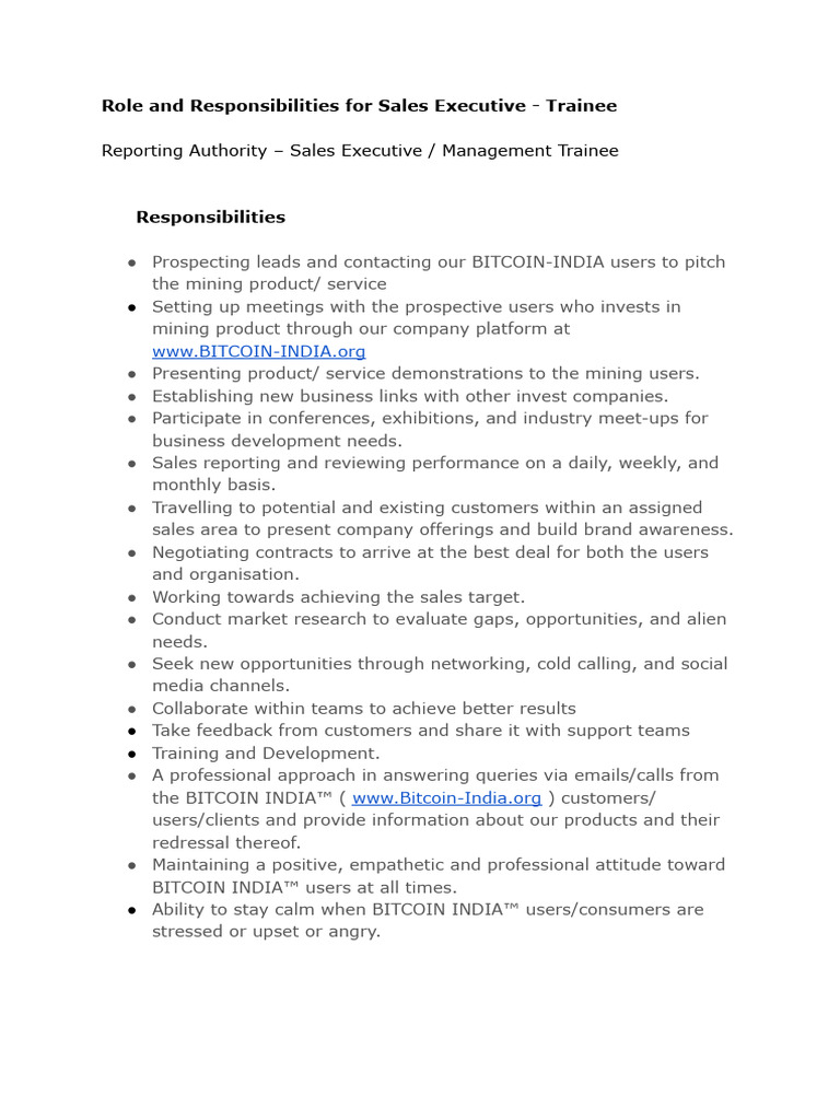 Role and Responsibilities For Sales Executive Trainee | PDF ...