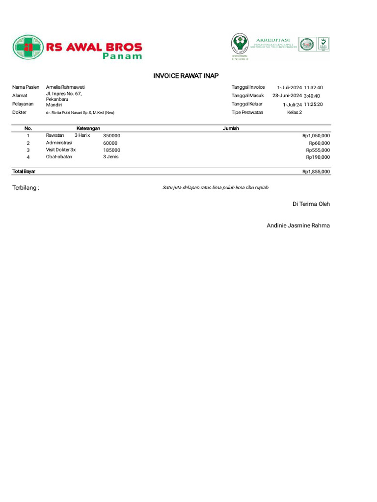Invoice Rawat Inap Amelia Rahmawati | PDF