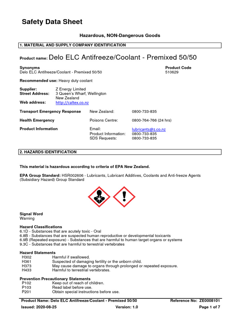 Delo ELC Antifreeze Coolant Premixed 50 50 SDS2 | PDF | Personal ...