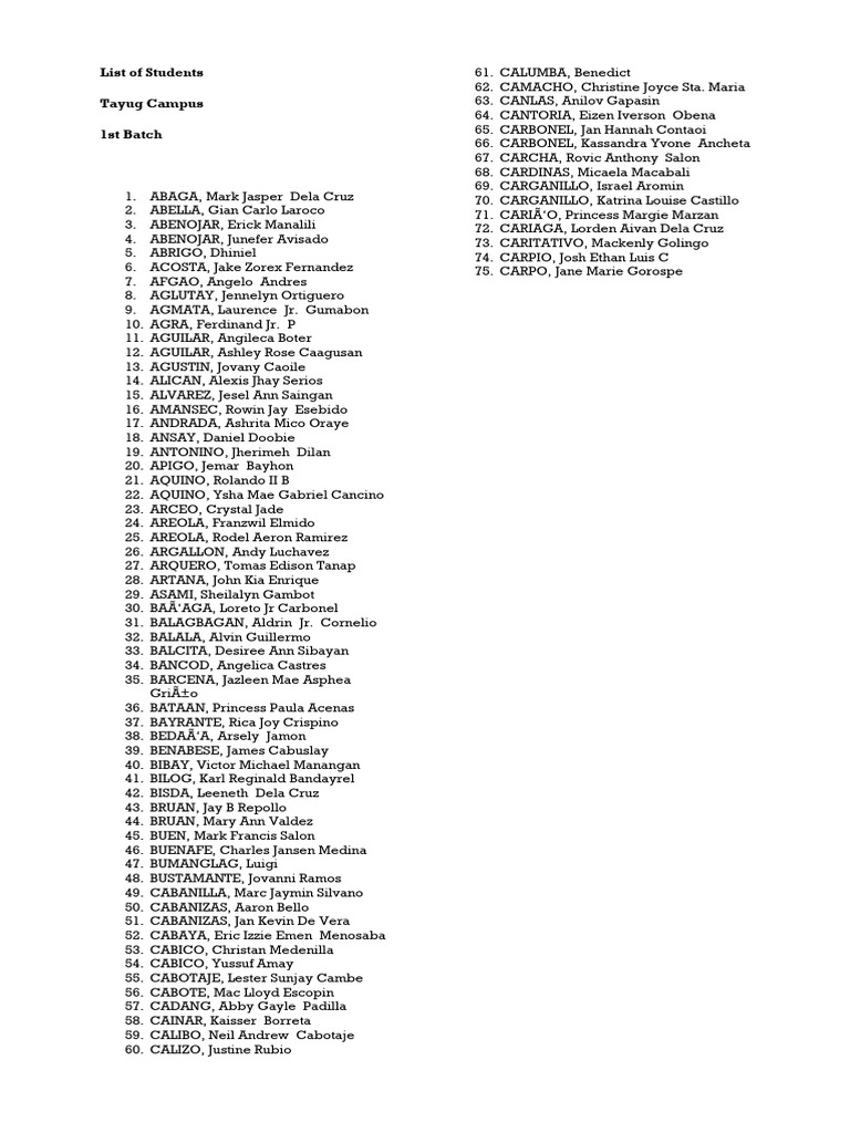 Tayug Campus Student List - 1st to 3rd Batch | PDF | Sports & Recreation