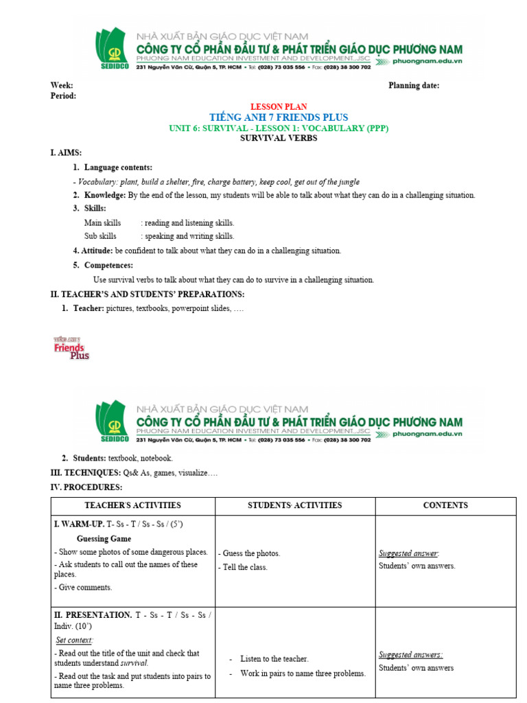 Tiếng Anh 7 Friends Plus_lesson Plan_cv5512_unit 6 | PDF | Question ...