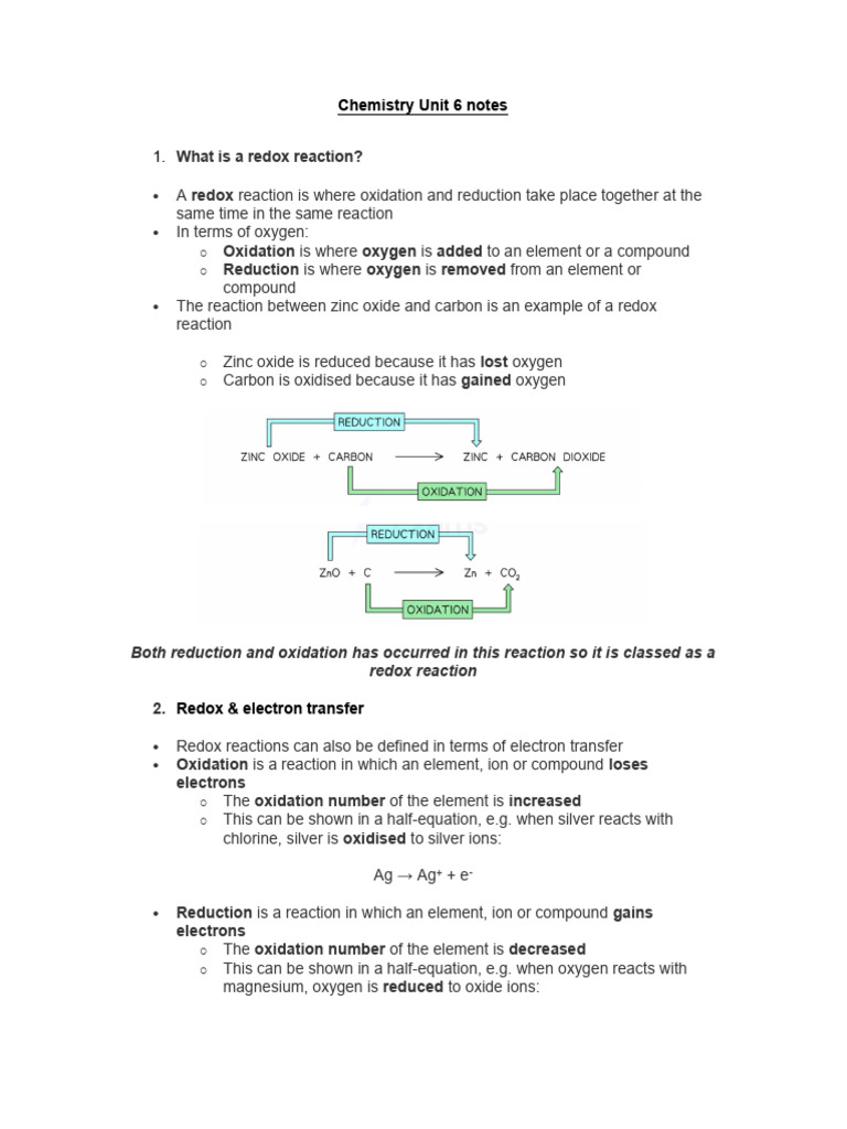 Chemistry Unit 6 Notes | PDF | Redox | Chemical Reactions