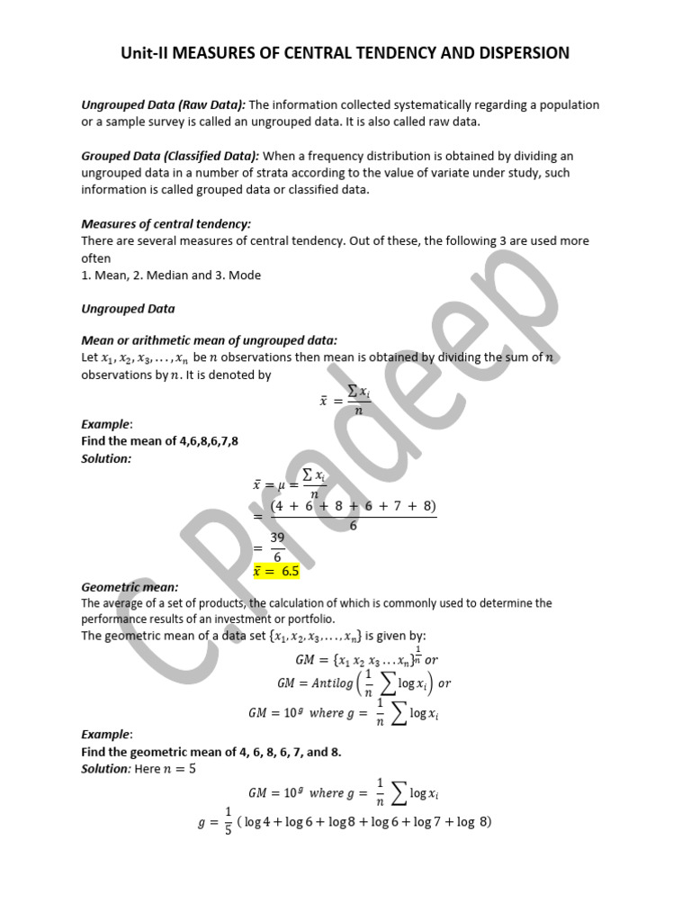 Unit-Ii Measures of Central Tendency and Dispersion: Find The Mean of 4 ...