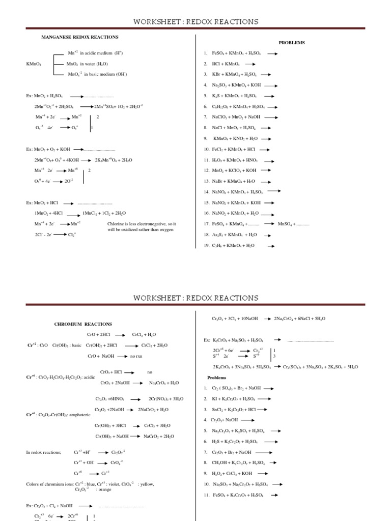 4-Worksheet Redox Reactions 8-9 | Redox | Chemical Compounds