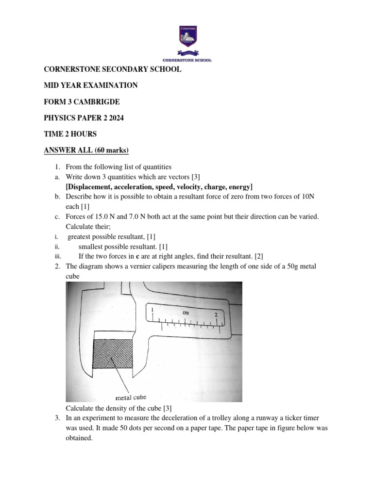 Form 3 Cambridge Physics Exam 2024 | PDF | Force | Acceleration