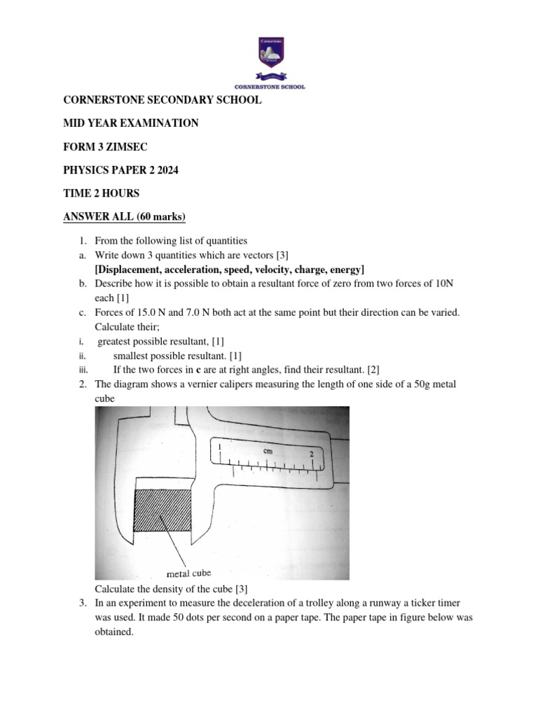 Form 3 Zimsec Physics P2 2nd Term 2024 PDF Force Acceleration