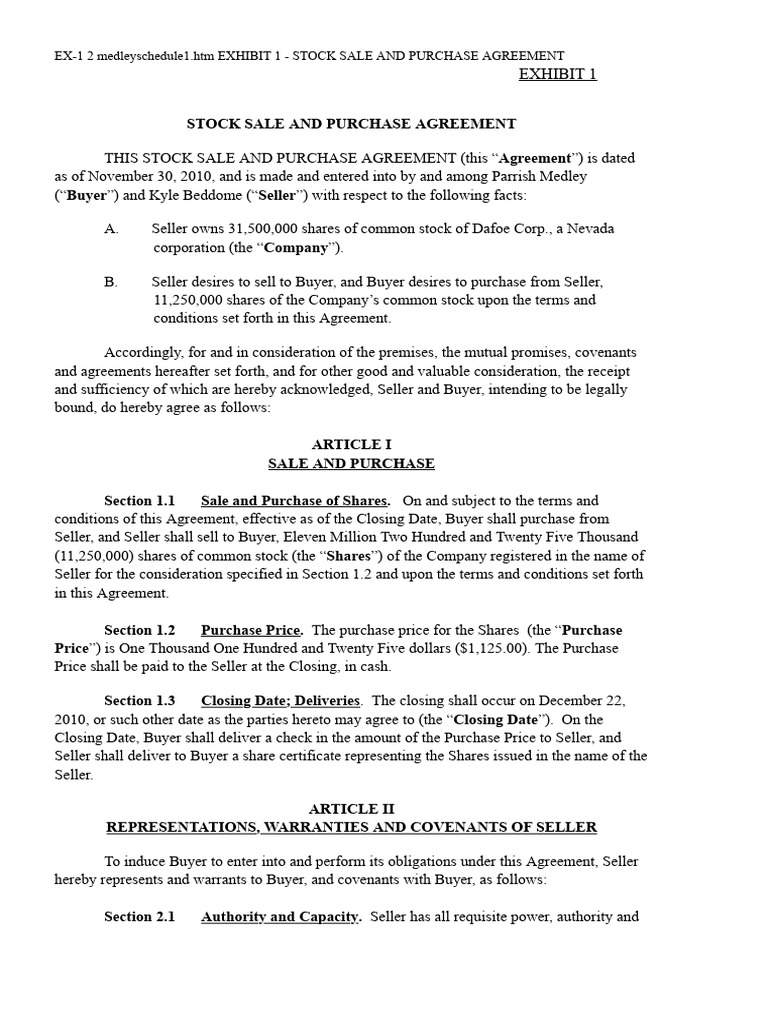 Stock Sale and Purchase Agreement | PDF | Sales | Stocks