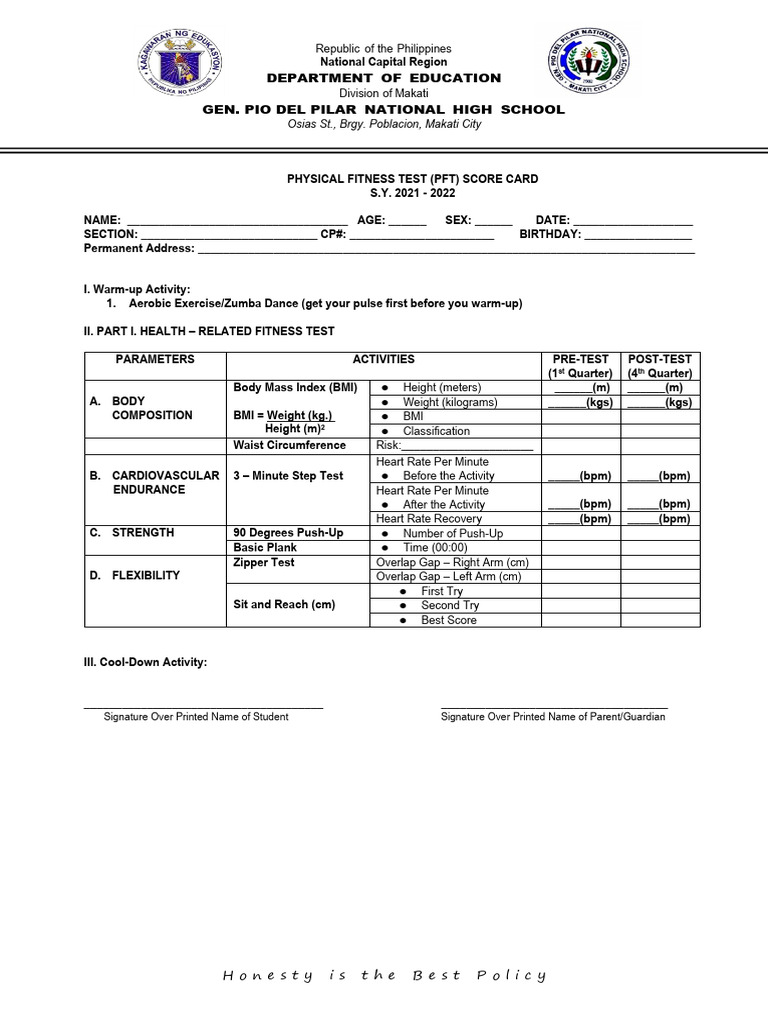 Physical Fitness Test Score Card 2021-2022 | PDF | Heart Rate | Body ...