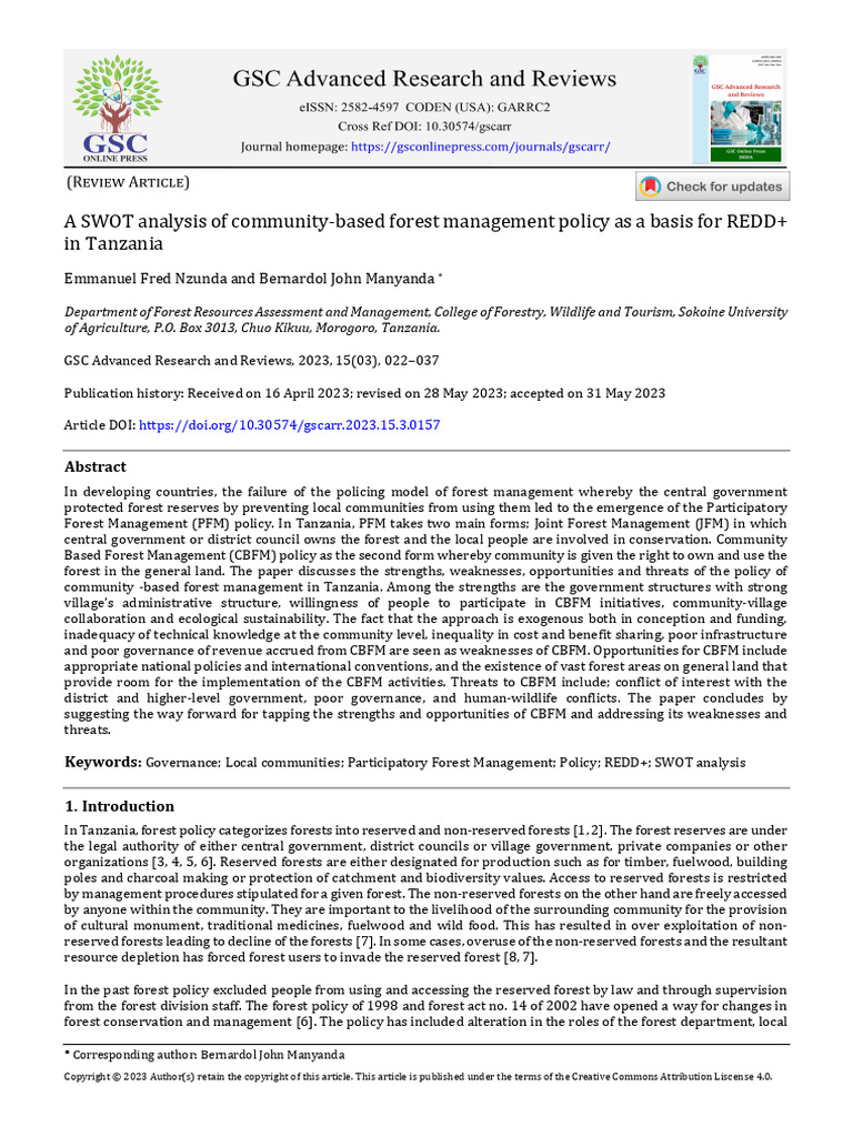 Nzunda and Manyanda 2023 SWOT of CBFM | PDF | Natural Environment