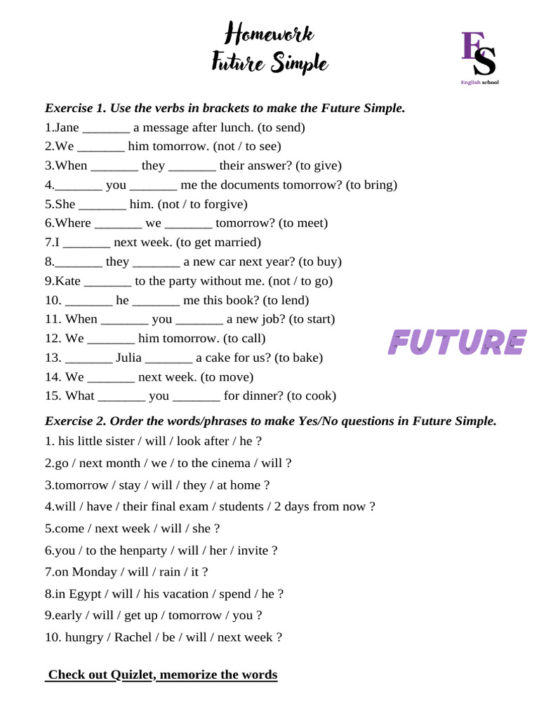 Future Simple Homework Exercises | PDF