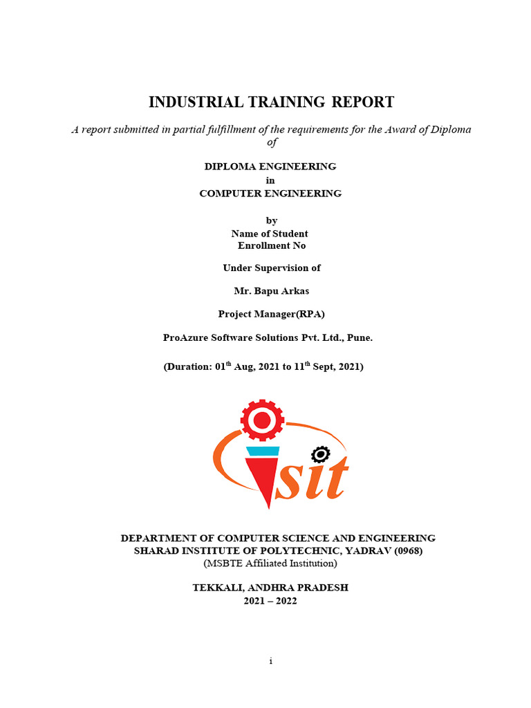 Industrial Training Report: A Report Submitted in Partial Fulfillment ...