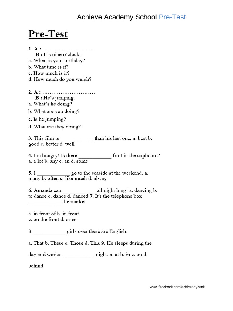 Achieve Academy Pre-Test Overview | PDF