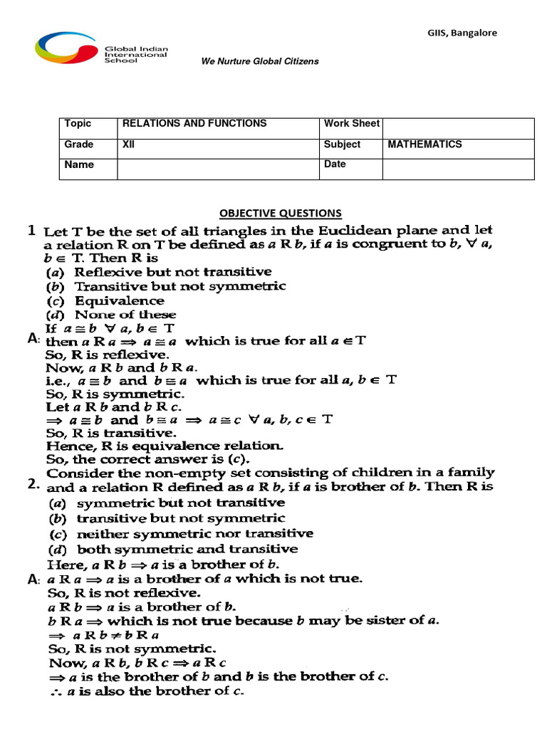 Grade XII Mathematics Worksheet: Relations | PDF