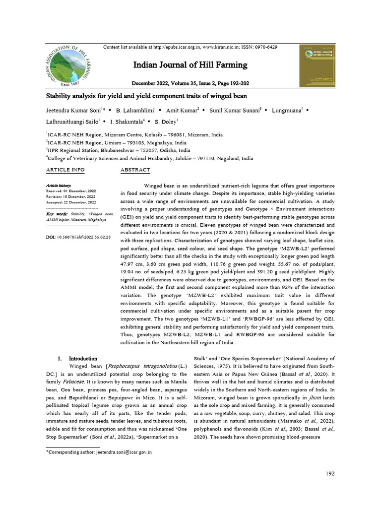 Stability analysis for yield and yield component traits of winged bean