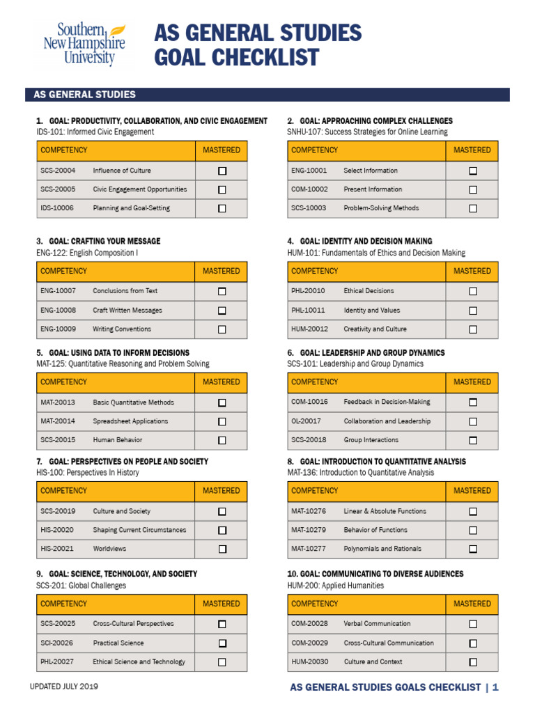 SNHU General Studies Goals Checklist | PDF | Decision Making | Statistics