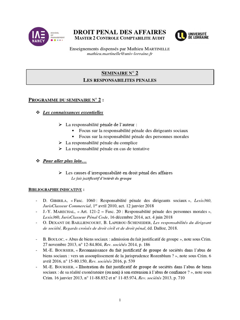 Responsabilité pénale des dirigeants sociaux | PDF | Loi criminelle ...
