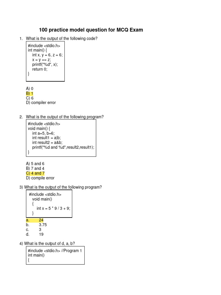 Mcq model questions pdf c programming language pointer