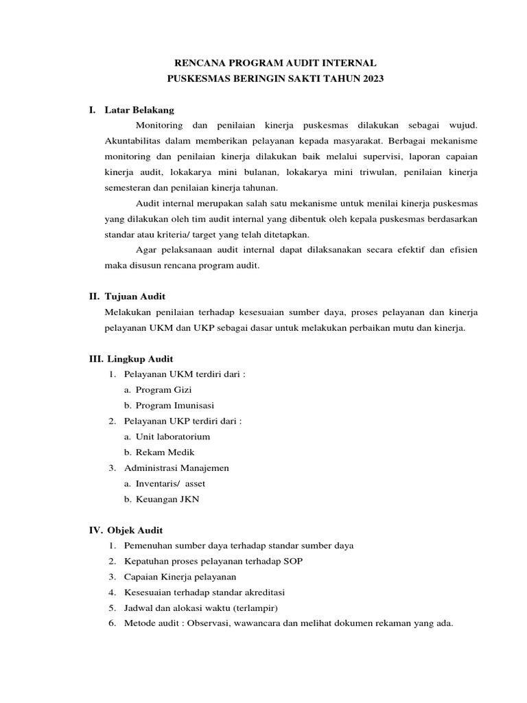 Rencana Audit Internal Puskesmas 2023 | PDF
