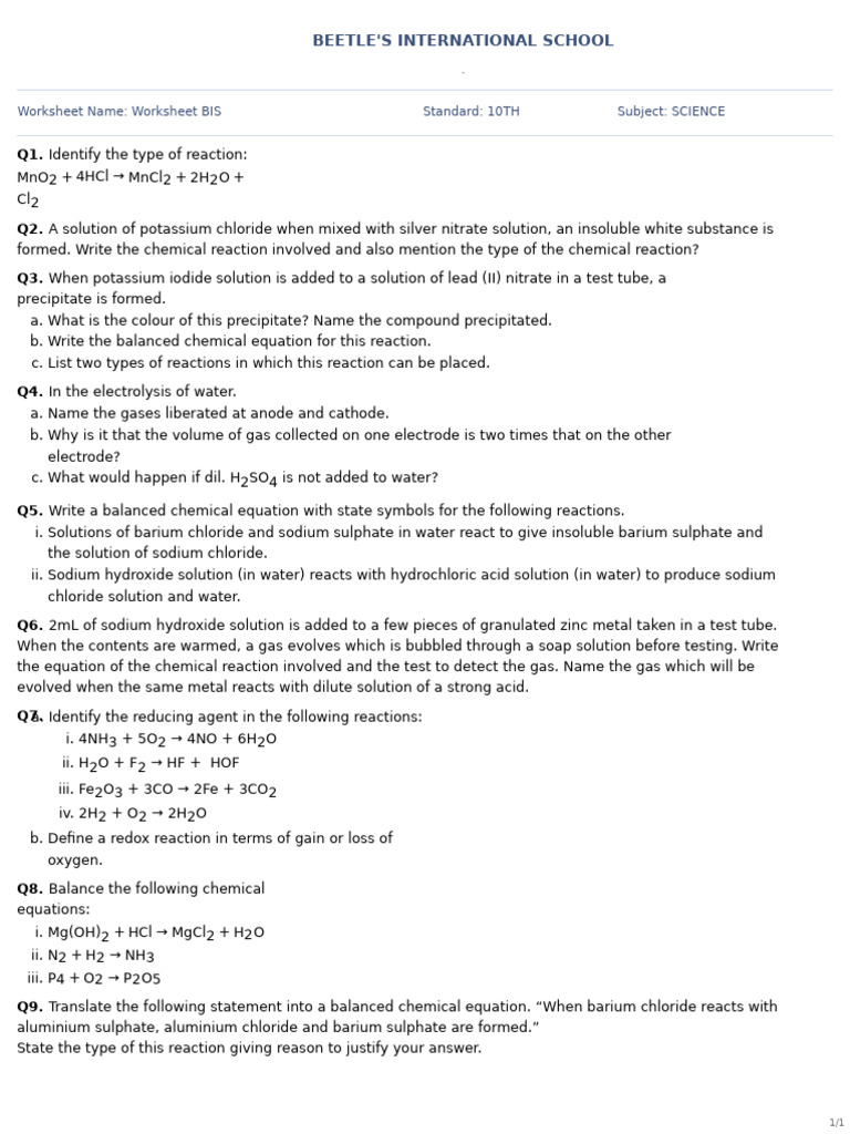 10th Grade Science Worksheet on Reactions | PDF | Chemical Reactions ...