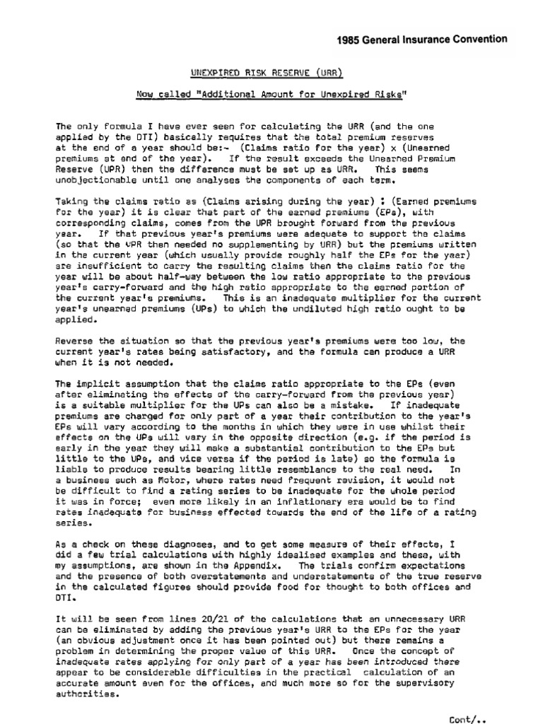 Unexpired Risk Calclaton For Insurance PDF Reinsurance Insurance