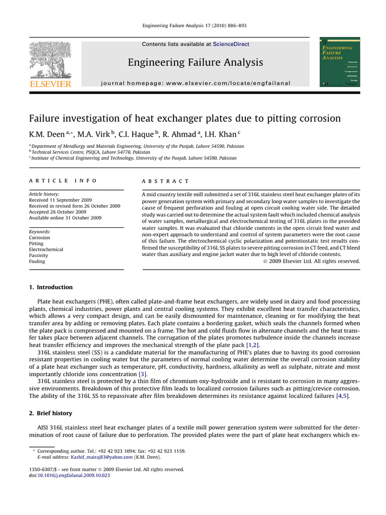 Deen - 2010 - Failure Investigation of Heat Exchanger Plates Due To Pitting Corrosion | PDF ...