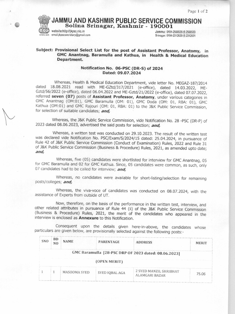 Provisional selection list for the post of assistant professor anatomy