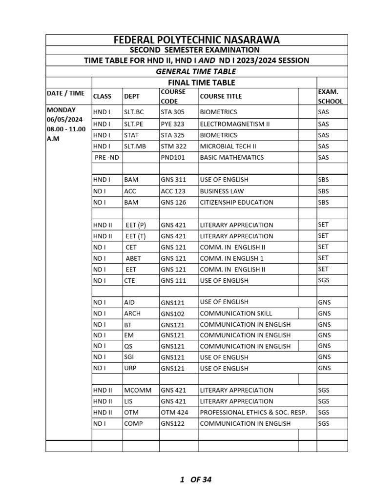 Final General Time Table | PDF | Engineering