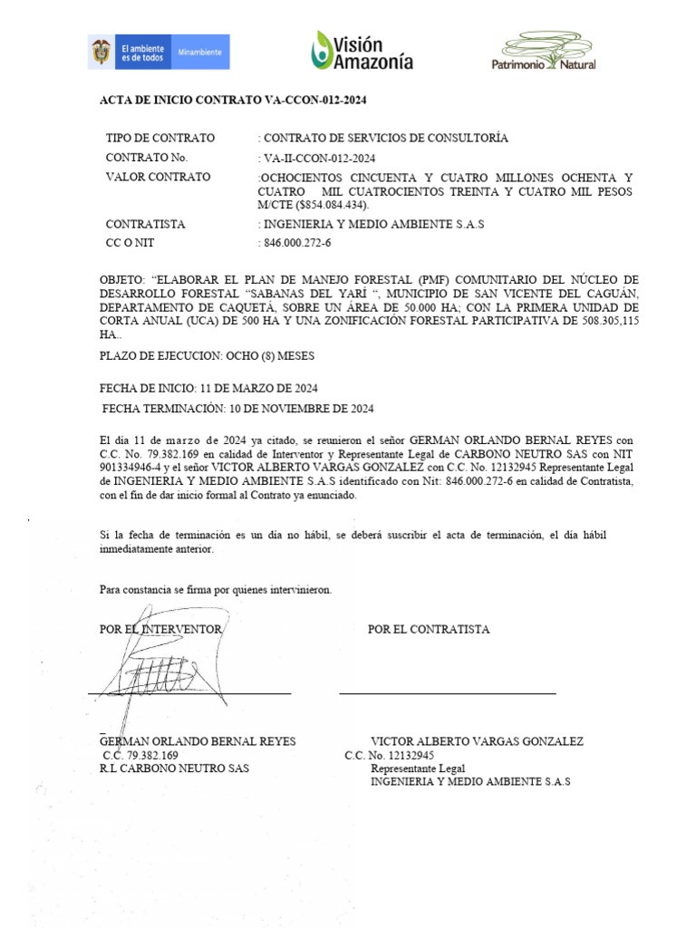 Acta de Inicio de Contrato | PDF