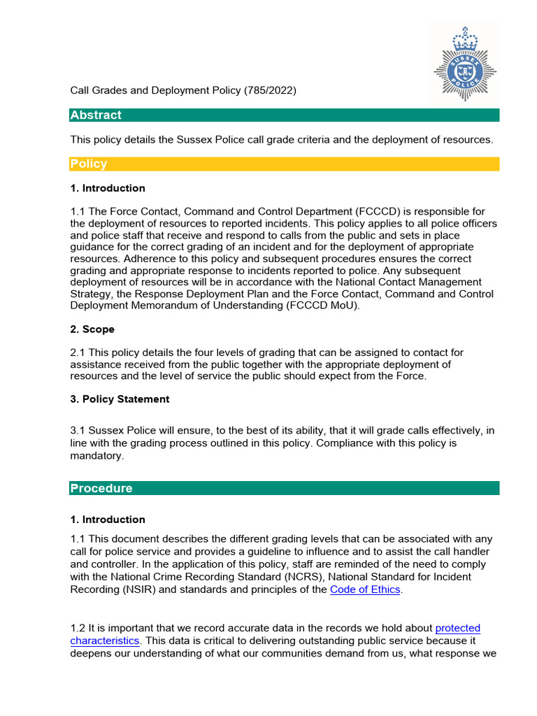 Sussex Police Call Grading Policy | PDF | Emergency | Police