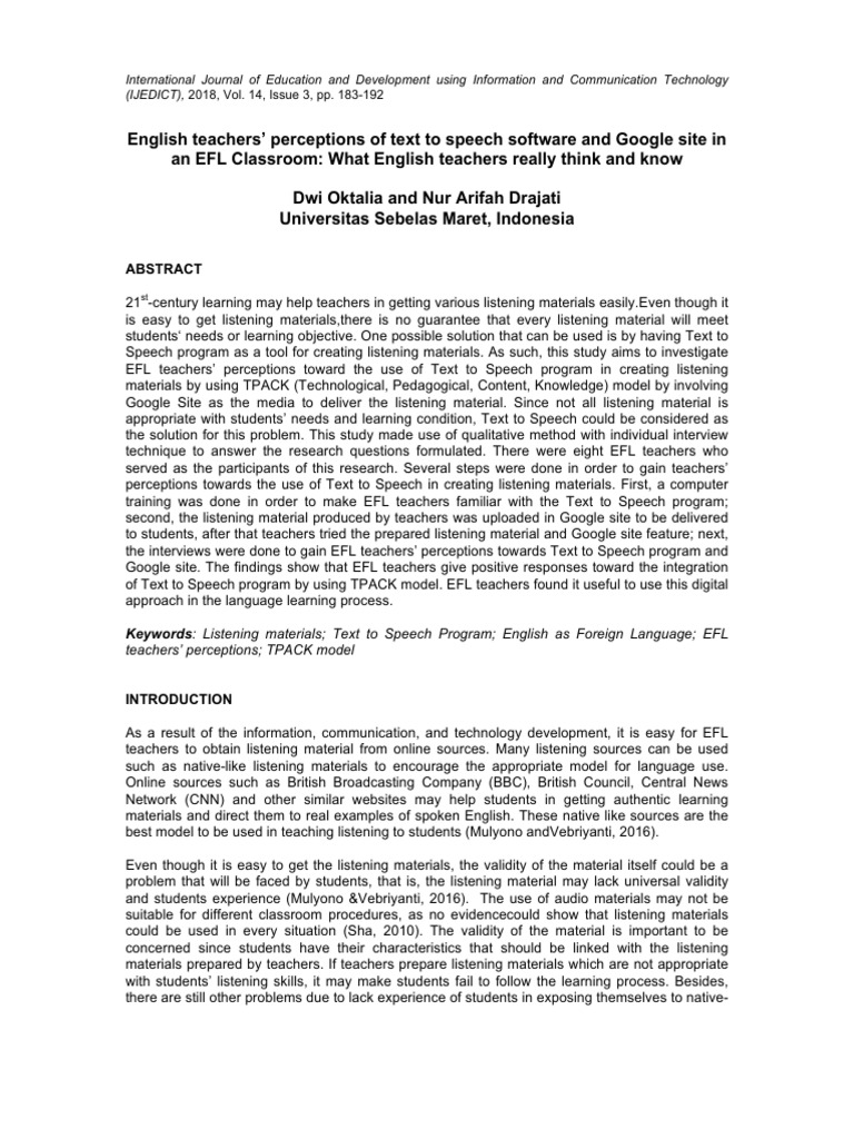 EFL Teachers' Views on Text to Speech Tools | PDF | Speech Synthesis ...