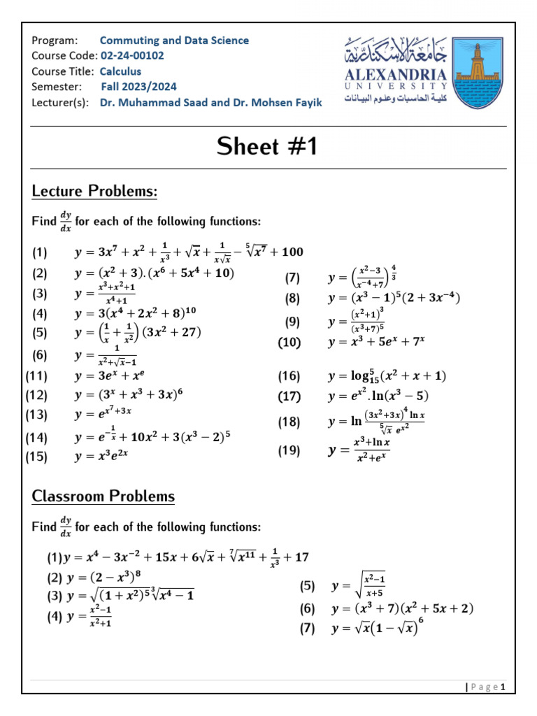 Calculus Lecture Problems and Homework | PDF | Differential Equations ...